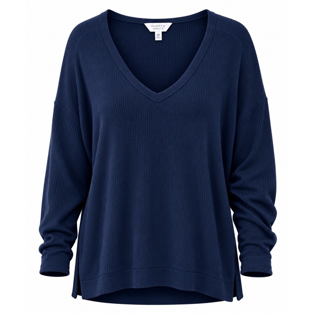 Market & Spruce Adaline‎ V Neck Ribbed Brushed Knit Top Navy 3X NWOT